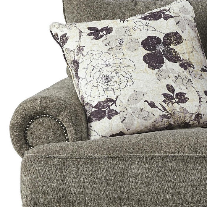 Nailhead Trim Fabric Upholstered Loveseat with Bun Feet, Gray