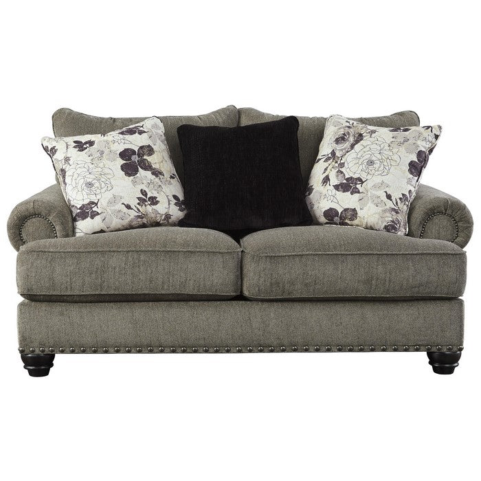 Nailhead Trim Fabric Upholstered Loveseat with Bun Feet, Gray