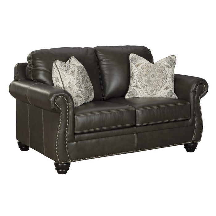 Nailhead Leatherette Wooden Frame loveseat with Bun Feet, Brown