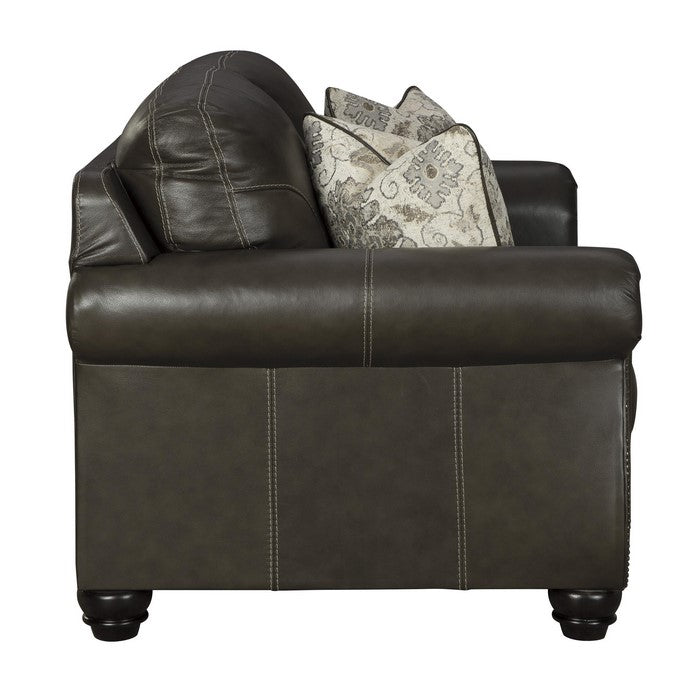 Nailhead Leatherette Wooden Frame loveseat with Bun Feet, Brown