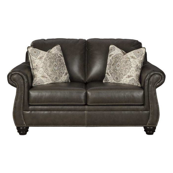 Nailhead Leatherette Wooden Frame loveseat with Bun Feet, Brown