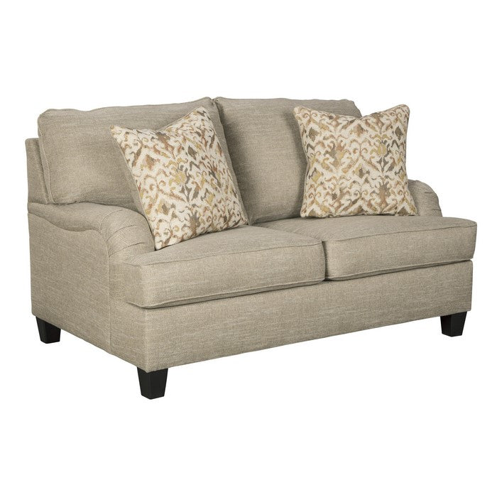 Fabric Upholstered Loveseat with T Cushioned Seat, Beige and Black