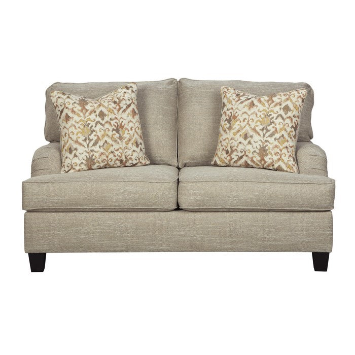 Fabric Upholstered Loveseat with T Cushioned Seat, Beige and Black