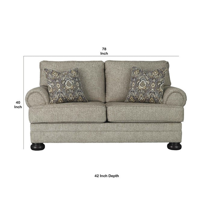 Fabric Upholstered Wooden Loveseat with Bun Feet, Beige and Dark Brown