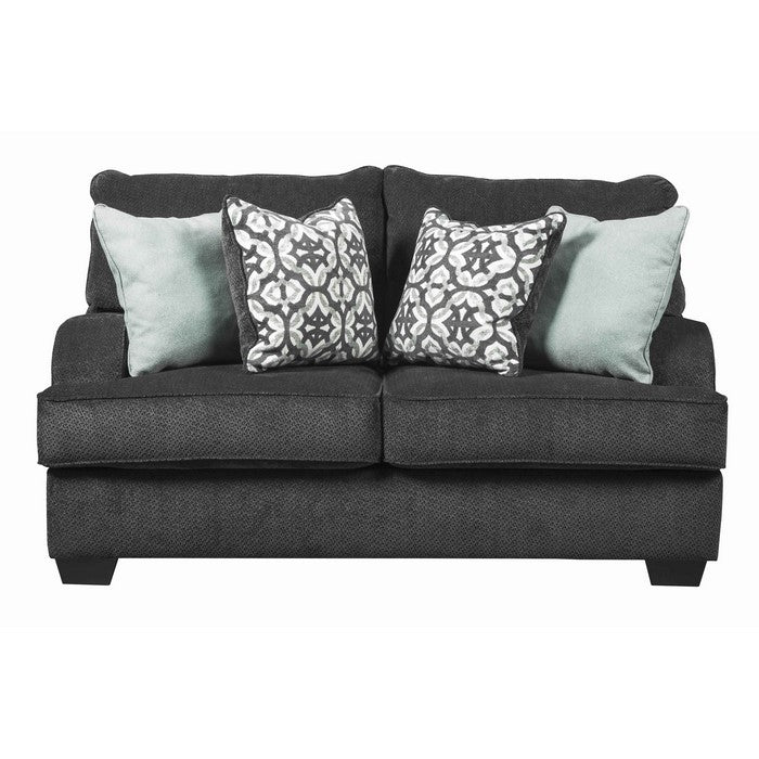 Textured Fabric Upholstered Loveseat with Sloped Armrest, Charcoal Gray
