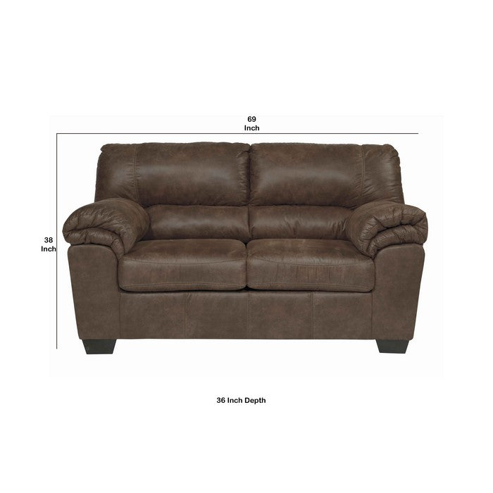 Upholstered Wooden Framed Loveseat with Pillow Top Armrest, Brown
