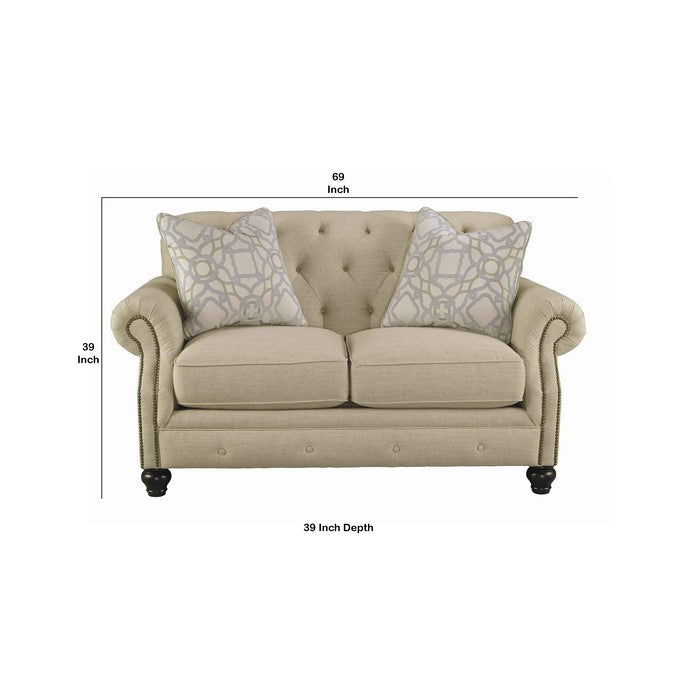 Fabric Upholstered Wooden Framed Loveseat with Chesterfield Design, Beige