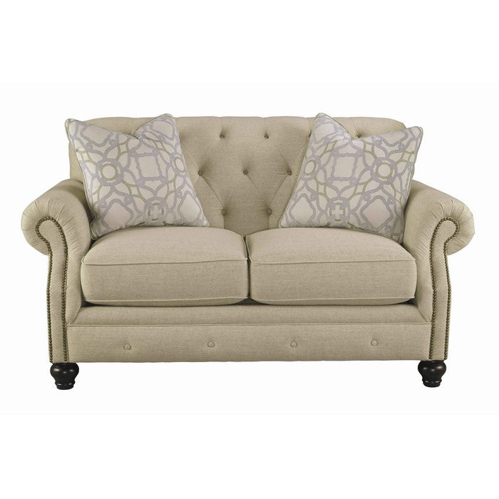 Fabric Upholstered Wooden Framed Loveseat with Chesterfield Design, Beige