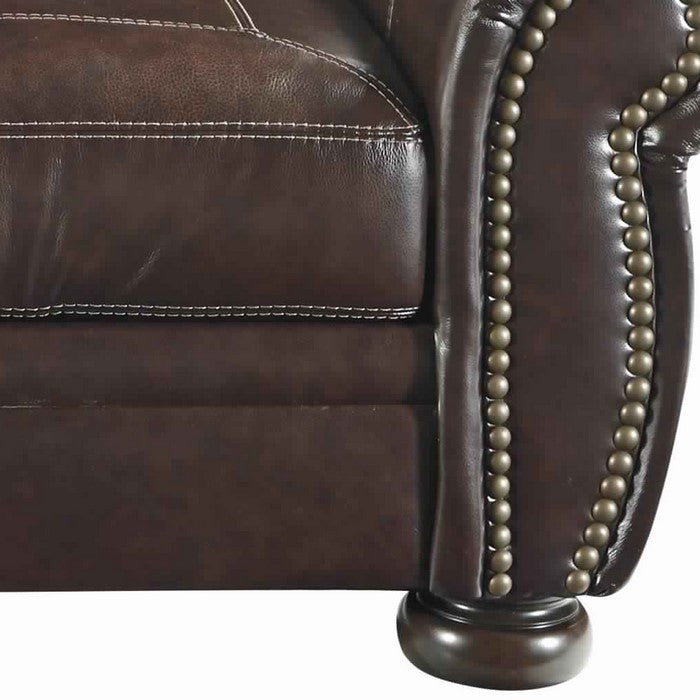Nailhead Trim Leatherette Wooden Frame Loveseat, Cherry Brown