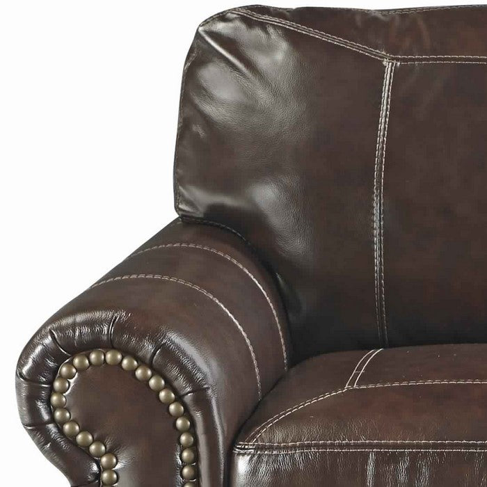 Nailhead Trim Leatherette Wooden Frame Loveseat, Cherry Brown