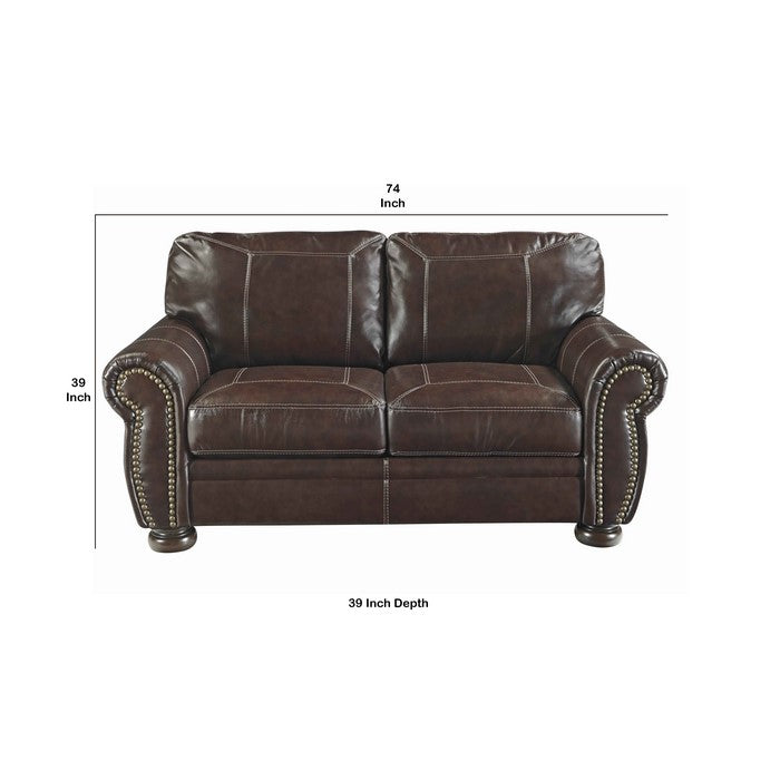 Nailhead Trim Leatherette Wooden Frame Loveseat, Cherry Brown