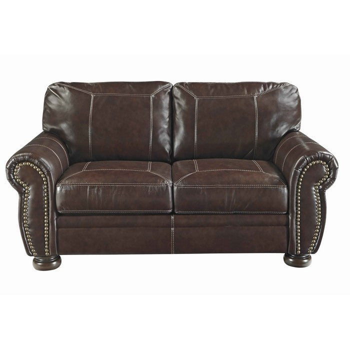 Nailhead Trim Leatherette Wooden Frame Loveseat, Cherry Brown