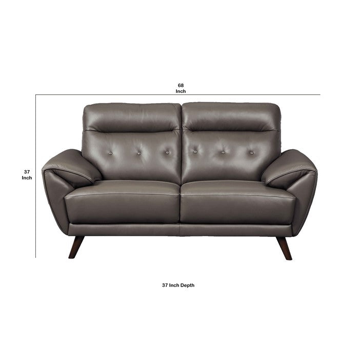 Channel Stitched Leatherette Wooden Frame Loveseat with Angled Legs, Gray