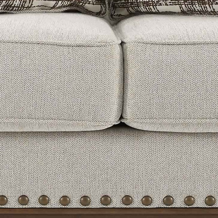 Nailhead Trim Fabric Upholstered Loveseat with Rolled Arms, White and Brown