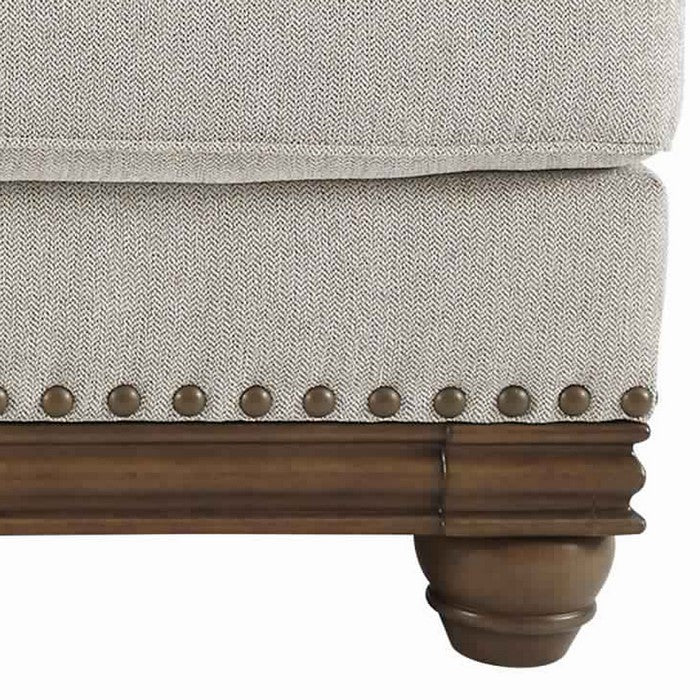 Nailhead Trim Fabric Upholstered Loveseat with Rolled Arms, White and Brown
