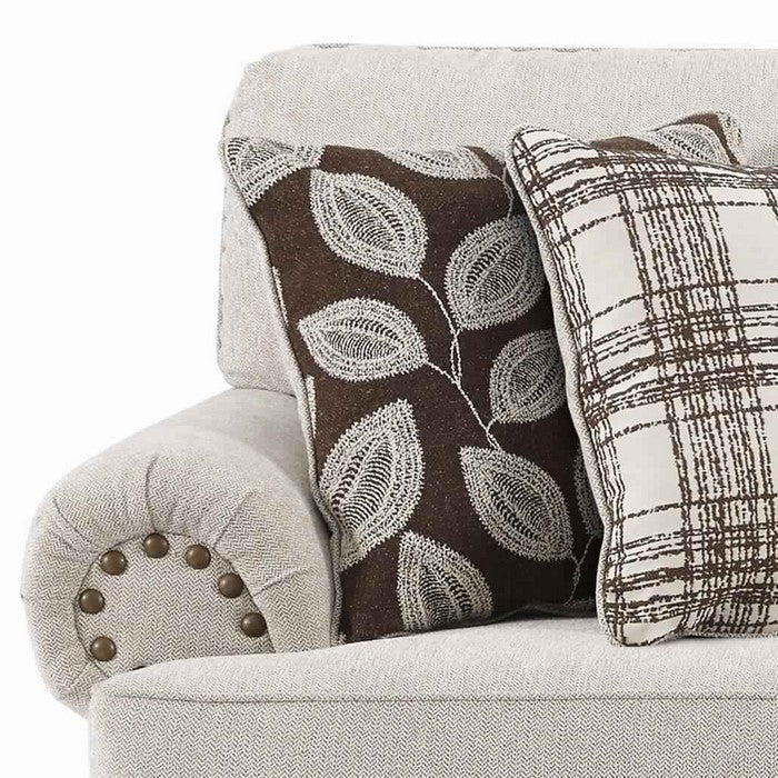 Nailhead Trim Fabric Upholstered Loveseat with Rolled Arms, White and Brown