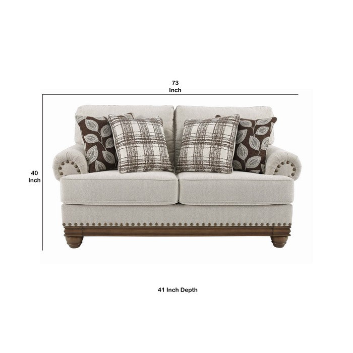 Nailhead Trim Fabric Upholstered Loveseat with Rolled Arms, White and Brown