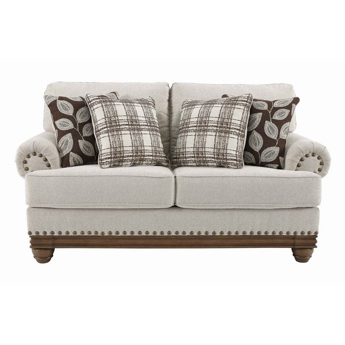 Nailhead Trim Fabric Upholstered Loveseat with Rolled Arms, White and Brown