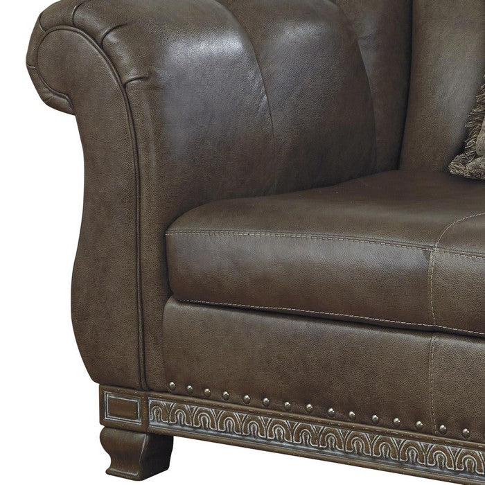 Leatherette Left Arm Facing Chaise with Nailhead Trim, Brown