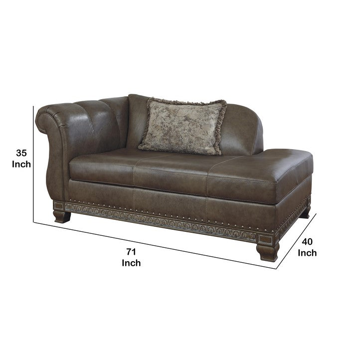 Leatherette Left Arm Facing Chaise with Nailhead Trim, Brown