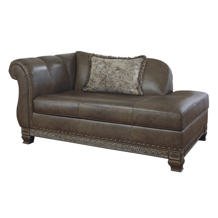 Leatherette Left Arm Facing Chaise with Nailhead Trim, Brown