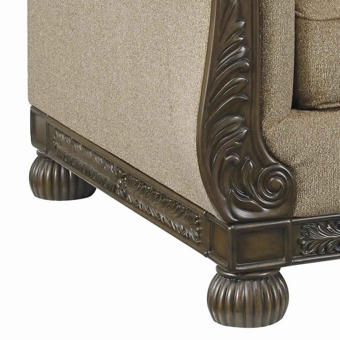 Fabric Upholstered Left Arm Facing Chaise with Carvings on Frame, Beige
