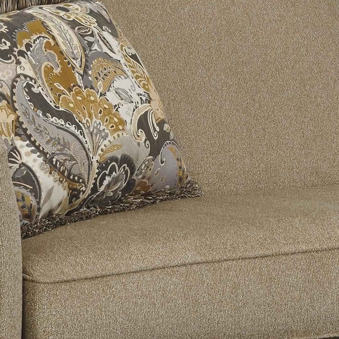 Fabric Upholstered Left Arm Facing Chaise with Carvings on Frame, Beige