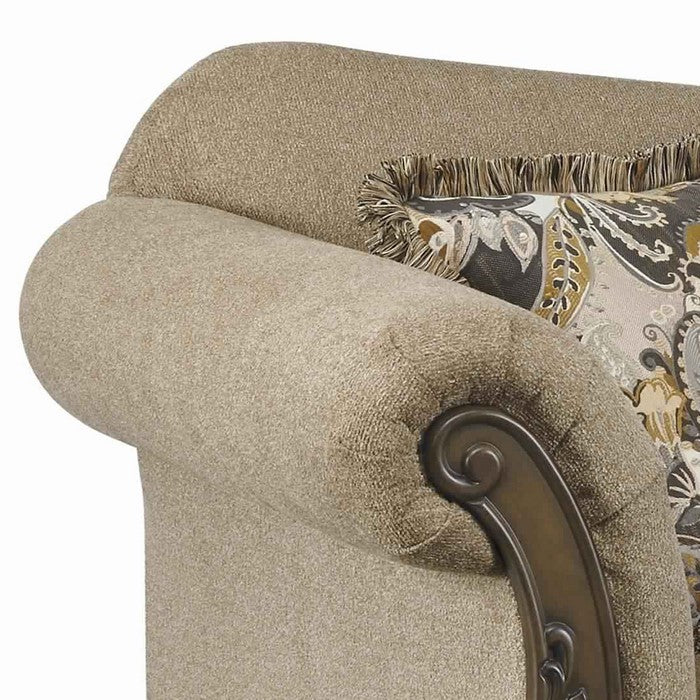 Fabric Upholstered Left Arm Facing Chaise with Carvings on Frame, Beige