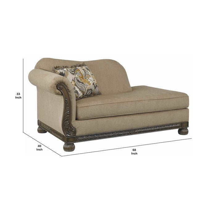 Fabric Upholstered Left Arm Facing Chaise with Carvings on Frame, Beige
