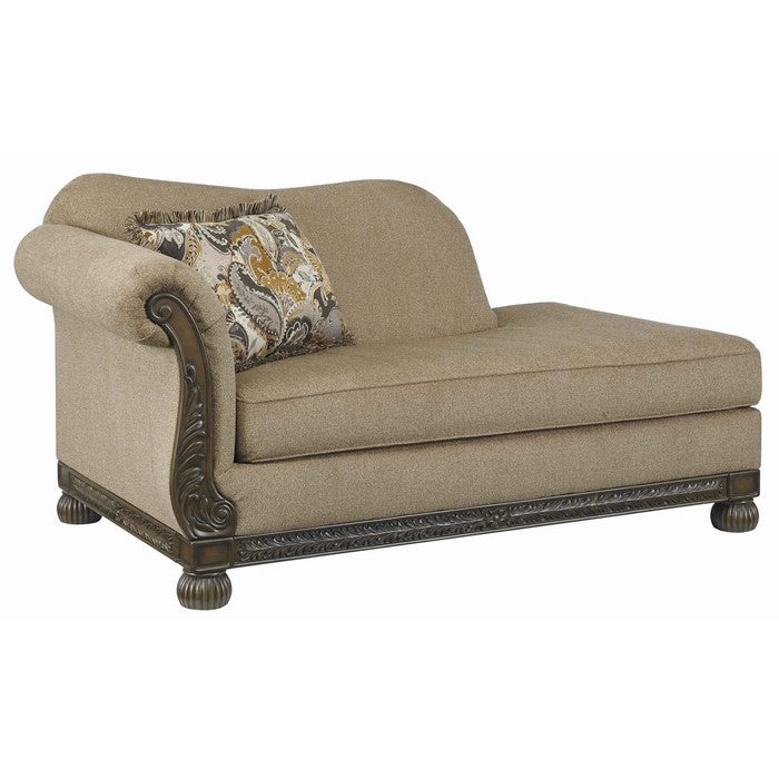 Fabric Upholstered Left Arm Facing Chaise with Carvings on Frame, Beige