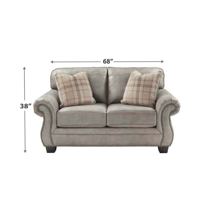 Nailhead Trim Leatherette Upholstered Wooden Framed Loveseat, Gray