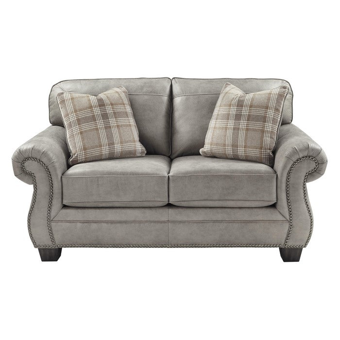 Nailhead Trim Leatherette Upholstered Wooden Framed Loveseat, Gray