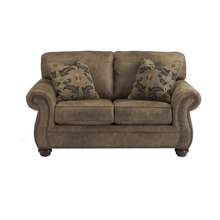 Nailhead Trim Leatherette Upholstered Wooden Framed Loveseat, Brown