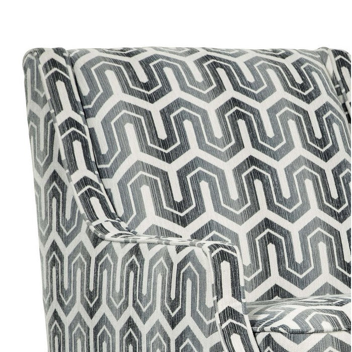 Fabric Upholstered Wooden Accent Chair with Trellis Pattern, Gray and White