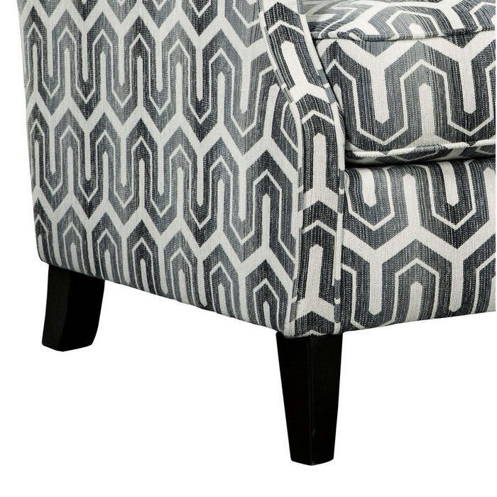 Fabric Upholstered Wooden Accent Chair with Trellis Pattern, Gray and White