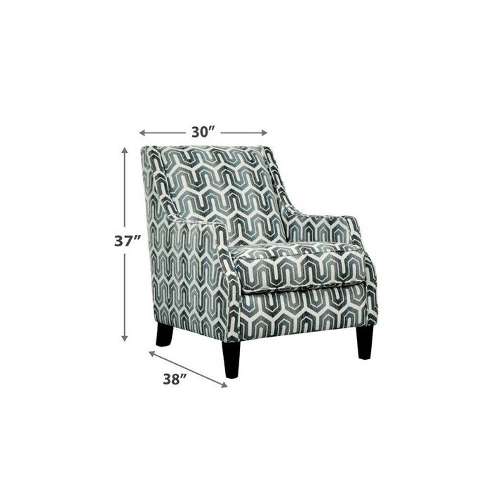 Fabric Upholstered Wooden Accent Chair with Trellis Pattern, Gray and White