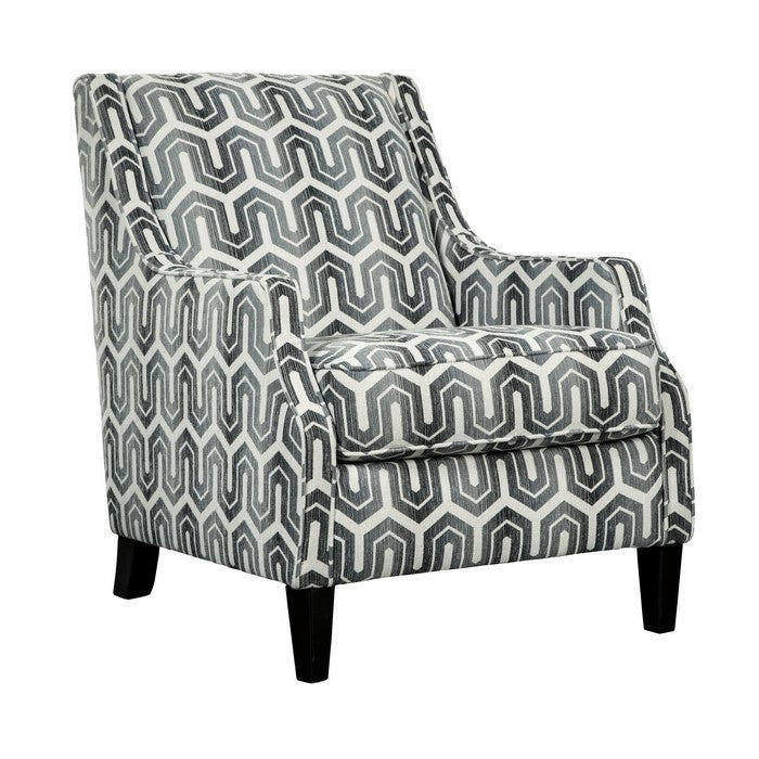 Fabric Upholstered Wooden Accent Chair with Trellis Pattern, Gray and White