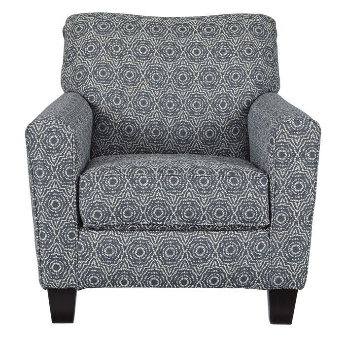 Fabric Upholstered Wooden Accent Chair with Medallion Print, Blue and White