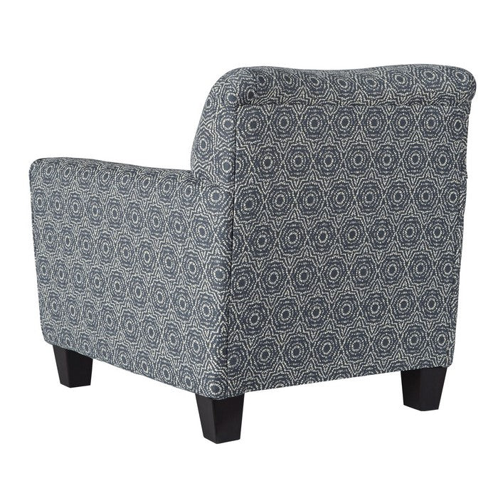Fabric Upholstered Wooden Accent Chair with Medallion Print, Blue and White