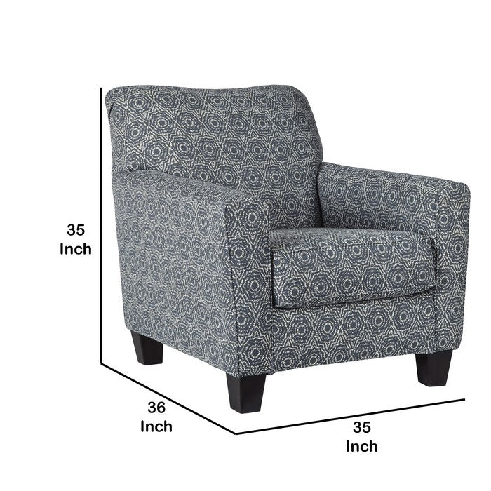 Fabric Upholstered Wooden Accent Chair with Medallion Print, Blue and White