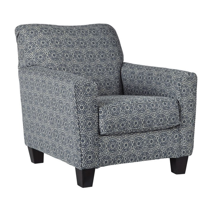 Fabric Upholstered Wooden Accent Chair with Medallion Print, Blue and White