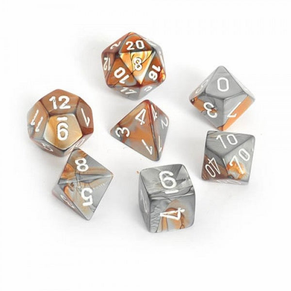 Chessex Polyhedral 7-Die Gemini Dice Set - Copper-Steel with White CHX-26424