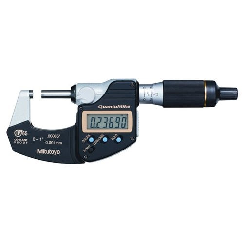 Mitutoyo 293-185, 0 - 1" X .00005"/0.001mm IP65 QuantuMike Outside Micrometer, No Output, Ratchet Thimble