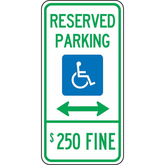 Accuform Signs FRA197RA Engineer-Grade Reflective Aluminum Handicapped Parking Sign (Illinois), Legend "RESERVED PARKING (DOUBLE ARROW) $250 FINE" with Graphic, 24" Length x 12" Width x 0.080" Thickness, Green/Blue on White