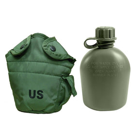 Military Outdoor Clothing Previously Issued U.S. G.I. 1 quart Olive Drab Military Canteen Nylon Cover with Never Issued 1 quart Olive Drab Canteen