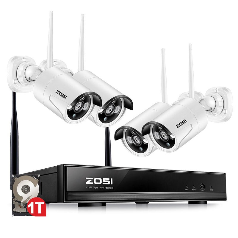 ZOSI 4PCS Megapixel 720P Wireless Outdoor IP Camera System 100ft (30m) Night vision with 4 Channel Security 1080P HD Network IP NVR Wifi Kit Support Smartphone Remote view with 1TB Hard Drive