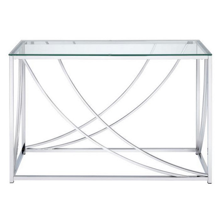 Glass Top Rectangular Sofa Table with Swooping  Curves, Clear and Silver