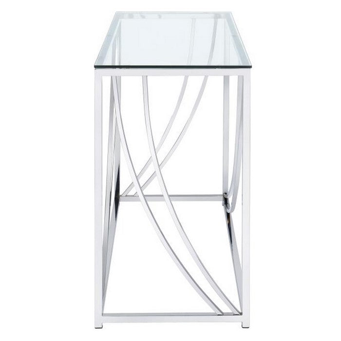 Glass Top Rectangular Sofa Table with Swooping  Curves, Clear and Silver