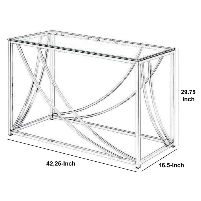 Glass Top Rectangular Sofa Table with Swooping  Curves, Clear and Silver