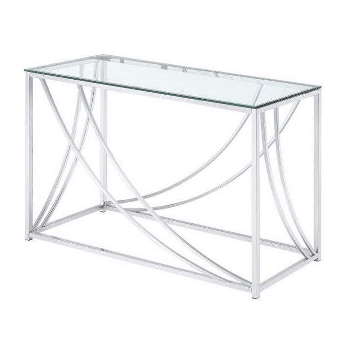Glass Top Rectangular Sofa Table with Swooping  Curves, Clear and Silver